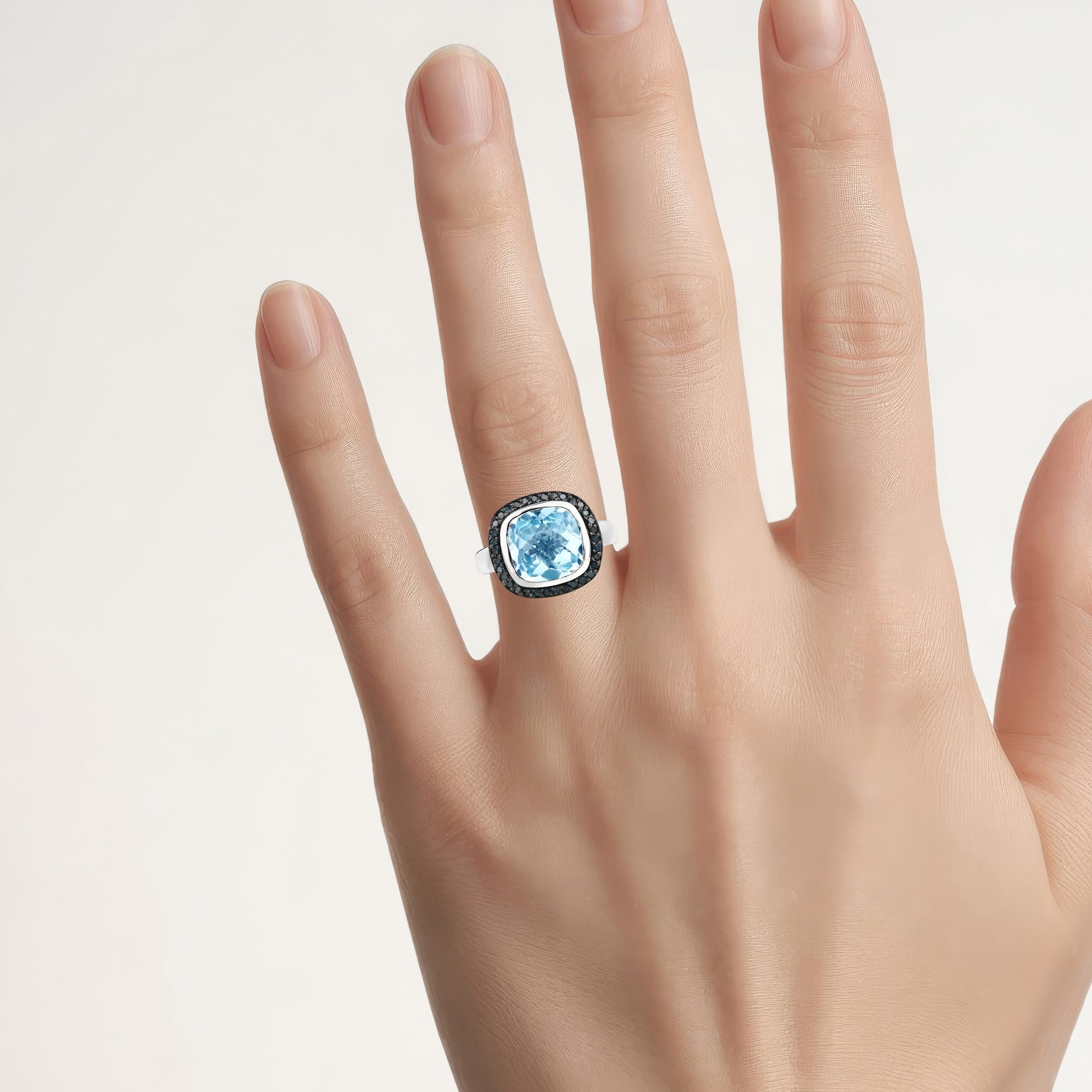 Swiss Blue Topaz Ring With Black Diamonds 5.2 Carats Sterling Silver