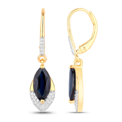 Blue Sapphire Dangle Earrings Diamonds 2.7 Carats 14K Yellow Gold