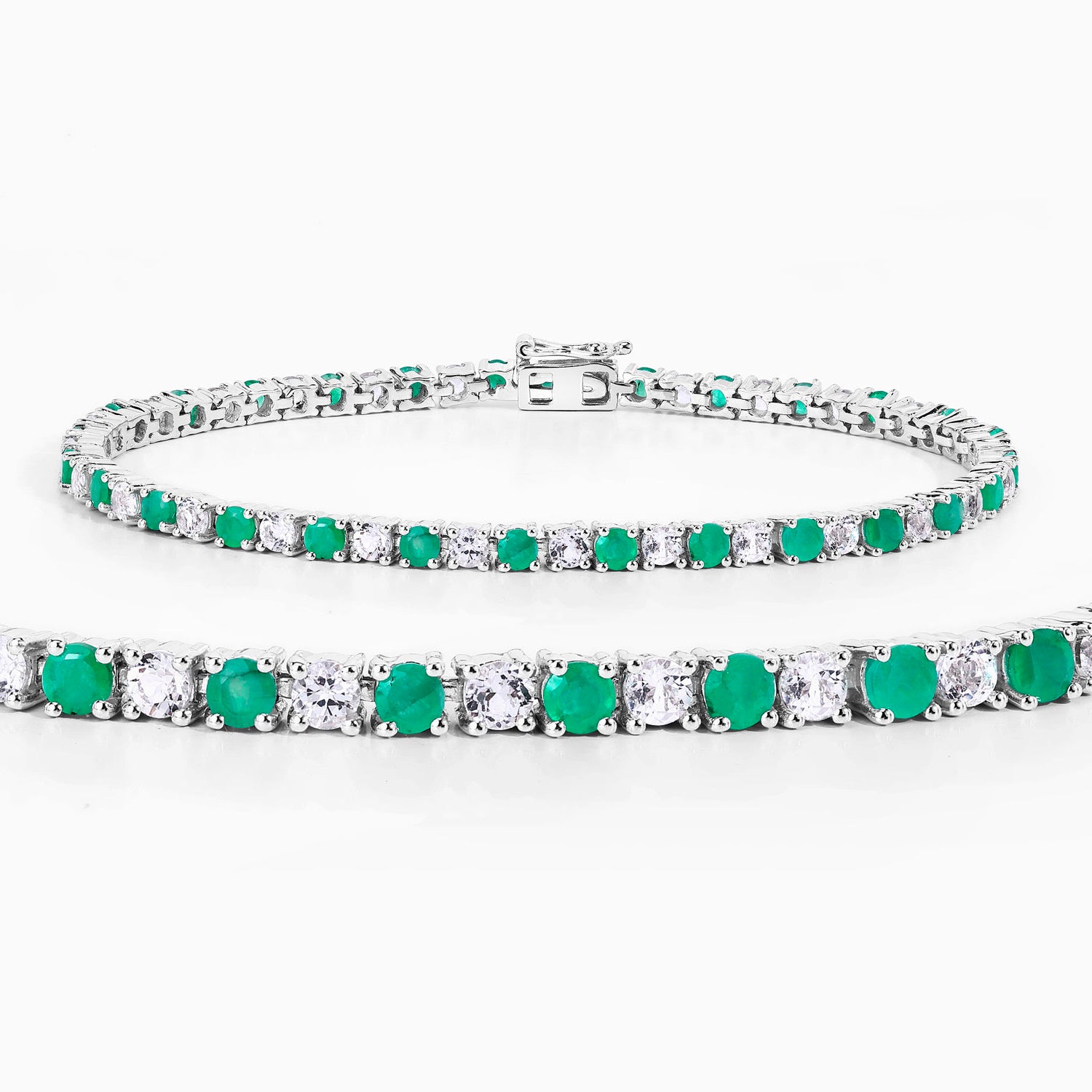 Emerald Tennis Bracelet With White Topaz 5.74 Carats Sterling Silver
