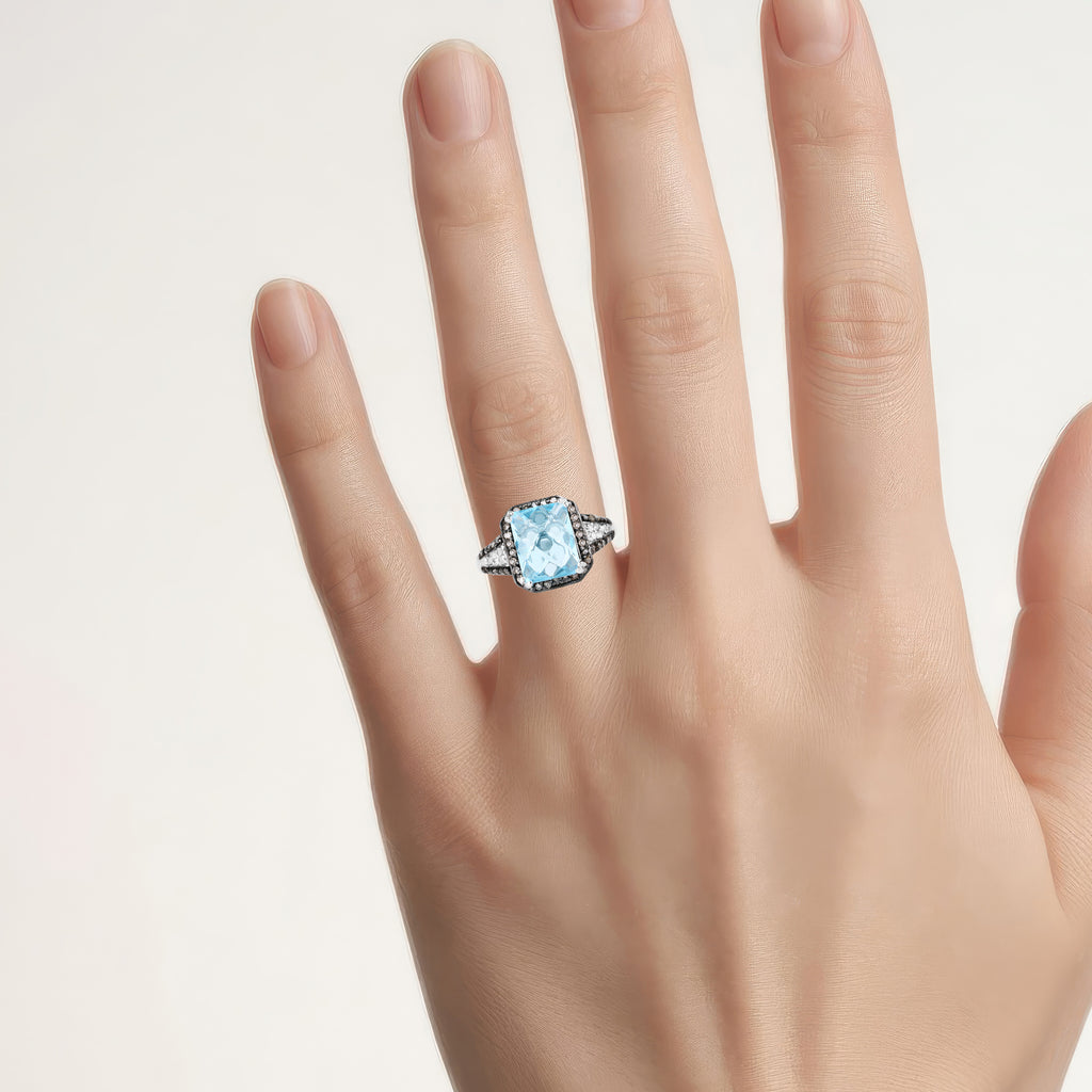 Swiss Blue Topaz Ring With Champagne Diamonds 4.28 Carats Sterling Silver