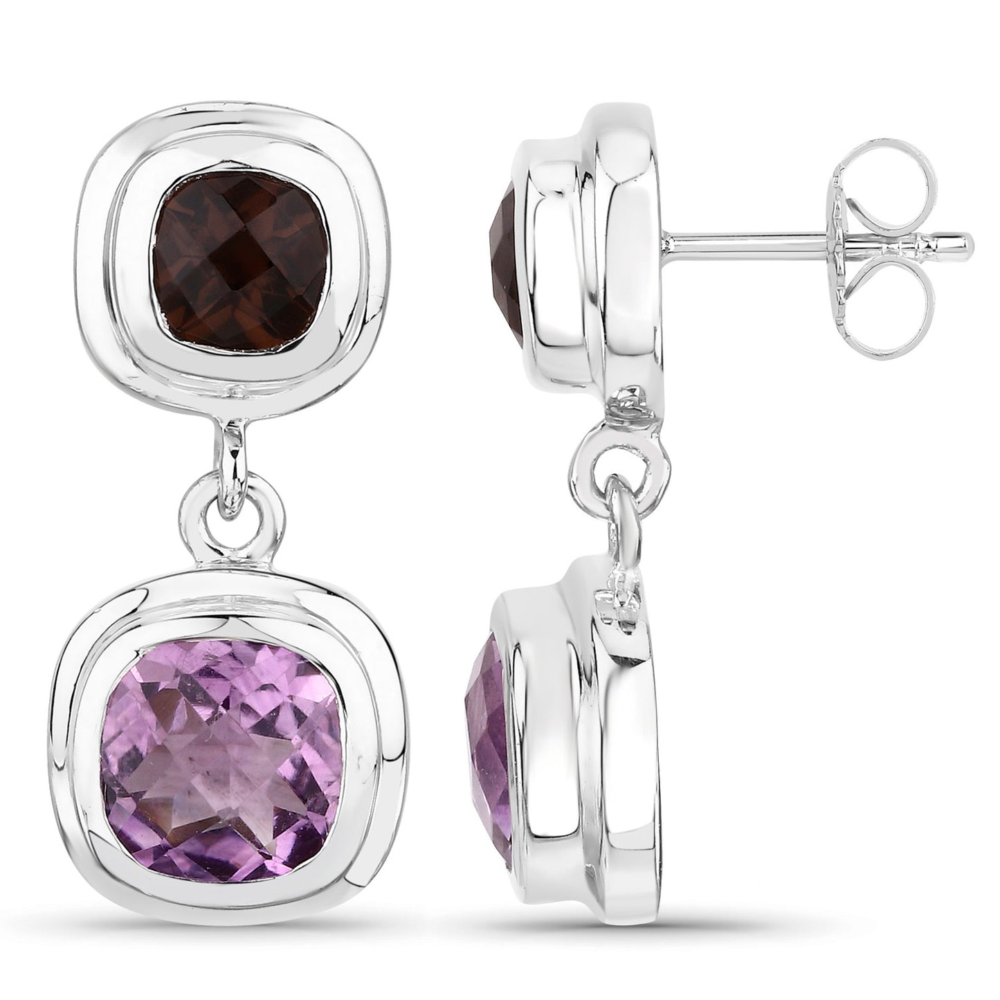 Amethyst Dangle Earrings With Smoky Quartz 6.56 Carats Sterling Silver