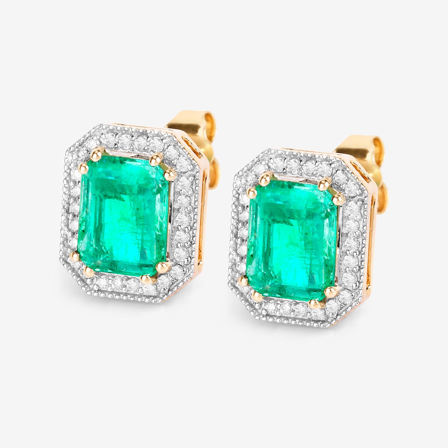 Ethiopian Emerald Stud Earrings Diamond Halo 2.9 Carats 14K Yellow Gold