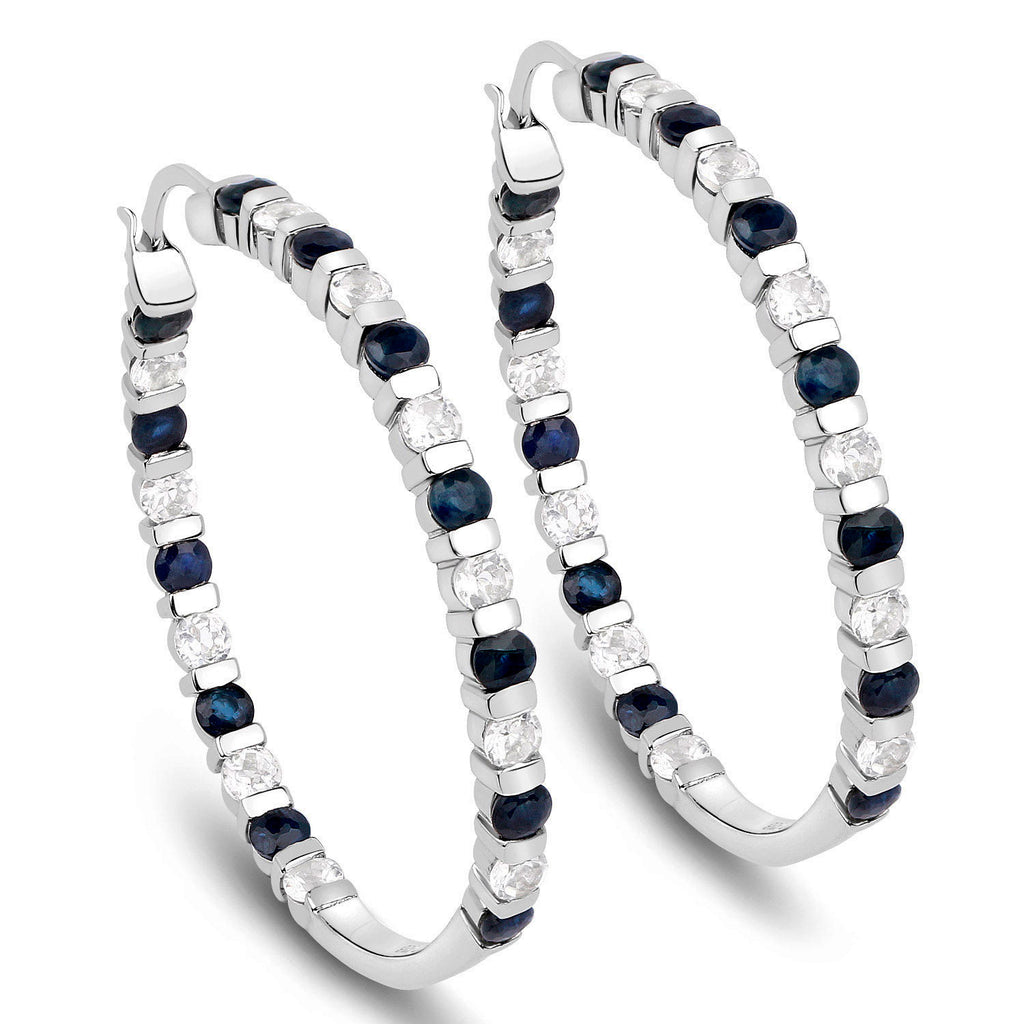 Natural Blue Sapphire Hoop Earrings White Topaz 4.34 Carats Sterling Silver