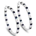 Natural Blue Sapphire Hoop Earrings White Topaz 4.34 Carats Sterling Silver