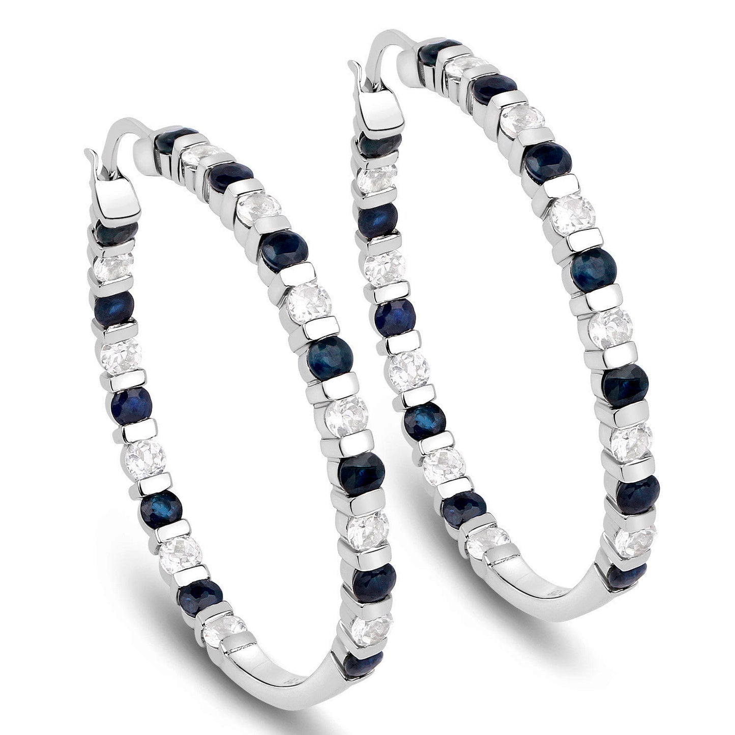 Natural Blue Sapphire Hoop Earrings White Topaz 4.34 Carats Sterling Silver