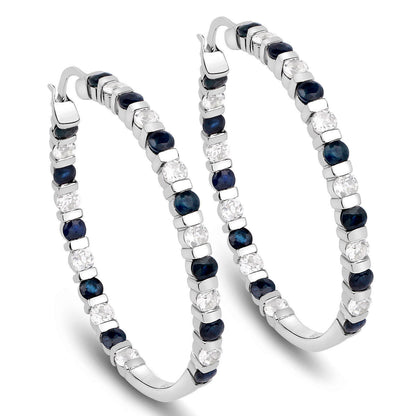 Natural Blue Sapphire Hoop Earrings White Topaz 4.34 Carats Sterling Silver