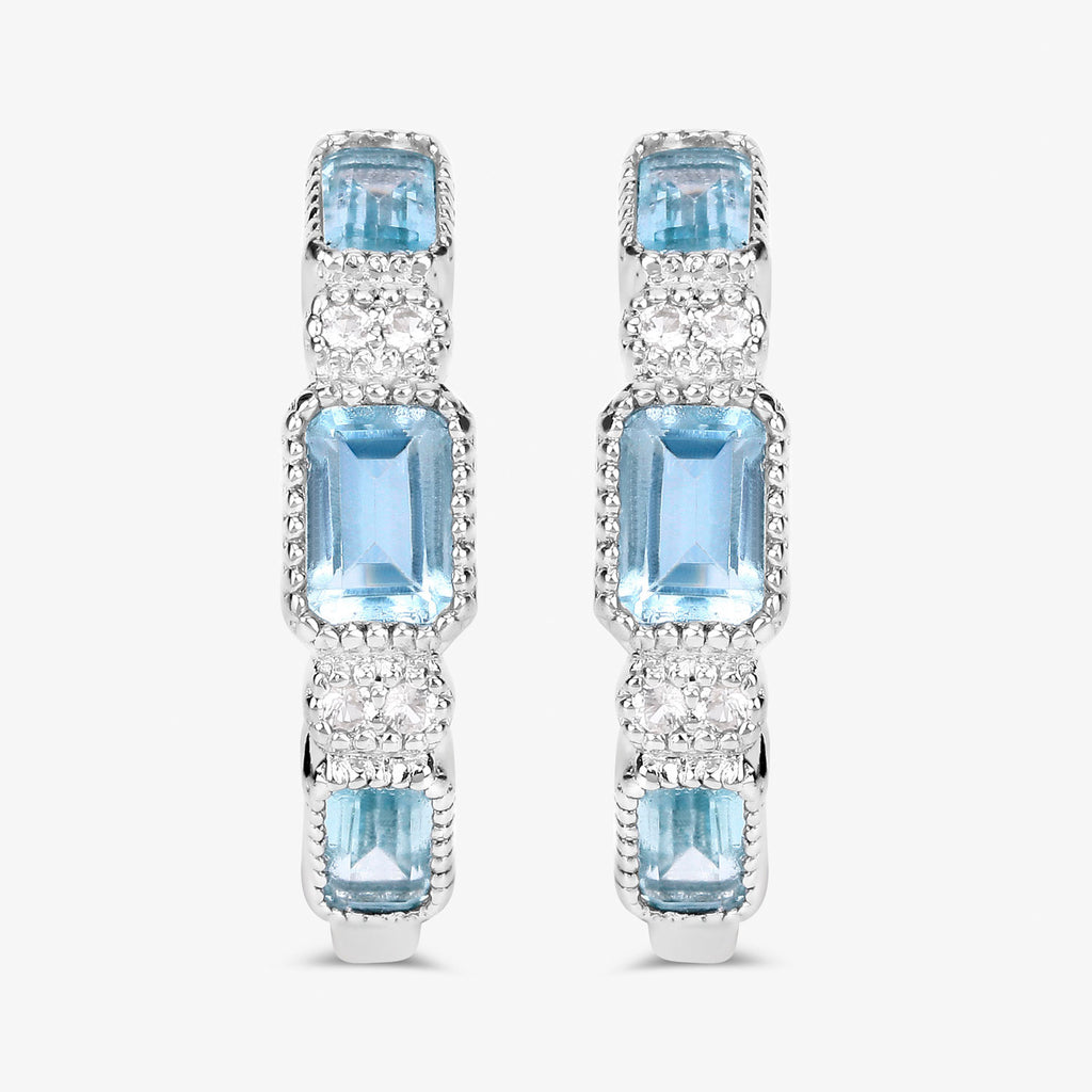 Blue Topaz Hoop Earrings With White Topaz 2.6 Carats Sterling Silver