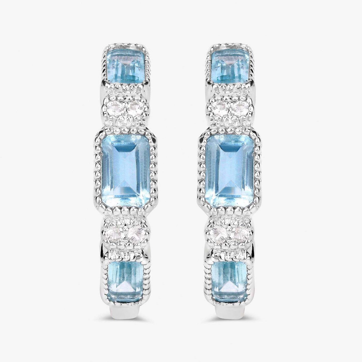 Blue Topaz Hoop Earrings With White Topaz 2.6 Carats Sterling Silver