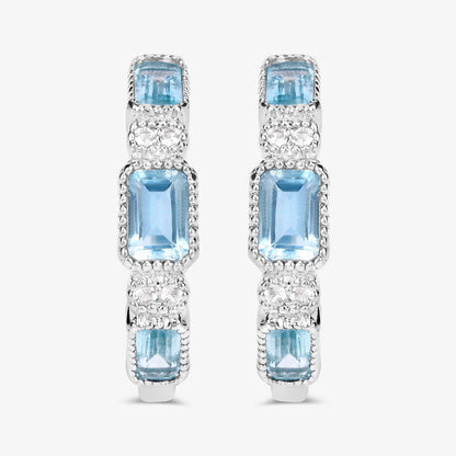 Blue Topaz Hoop Earrings With White Topaz 2.6 Carats Sterling Silver