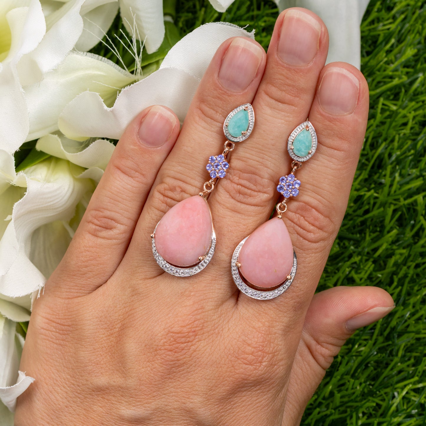 Pink Opal Dangle Earrings Amazonite Tanzanite 18K Rose Gold Plated Silver