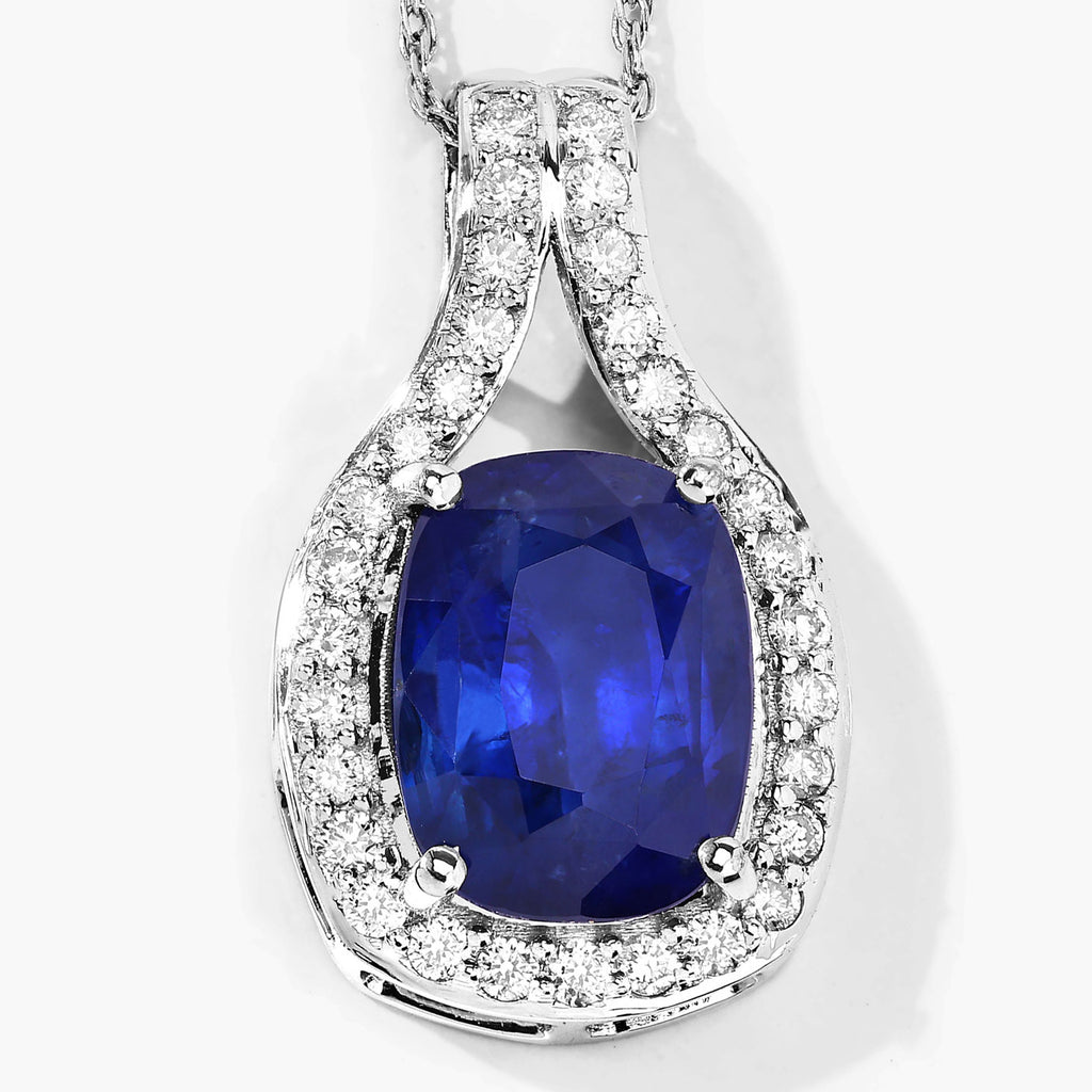 Blue Sapphire Pendant With Diamonds 3.82 Carats 18K White Gold