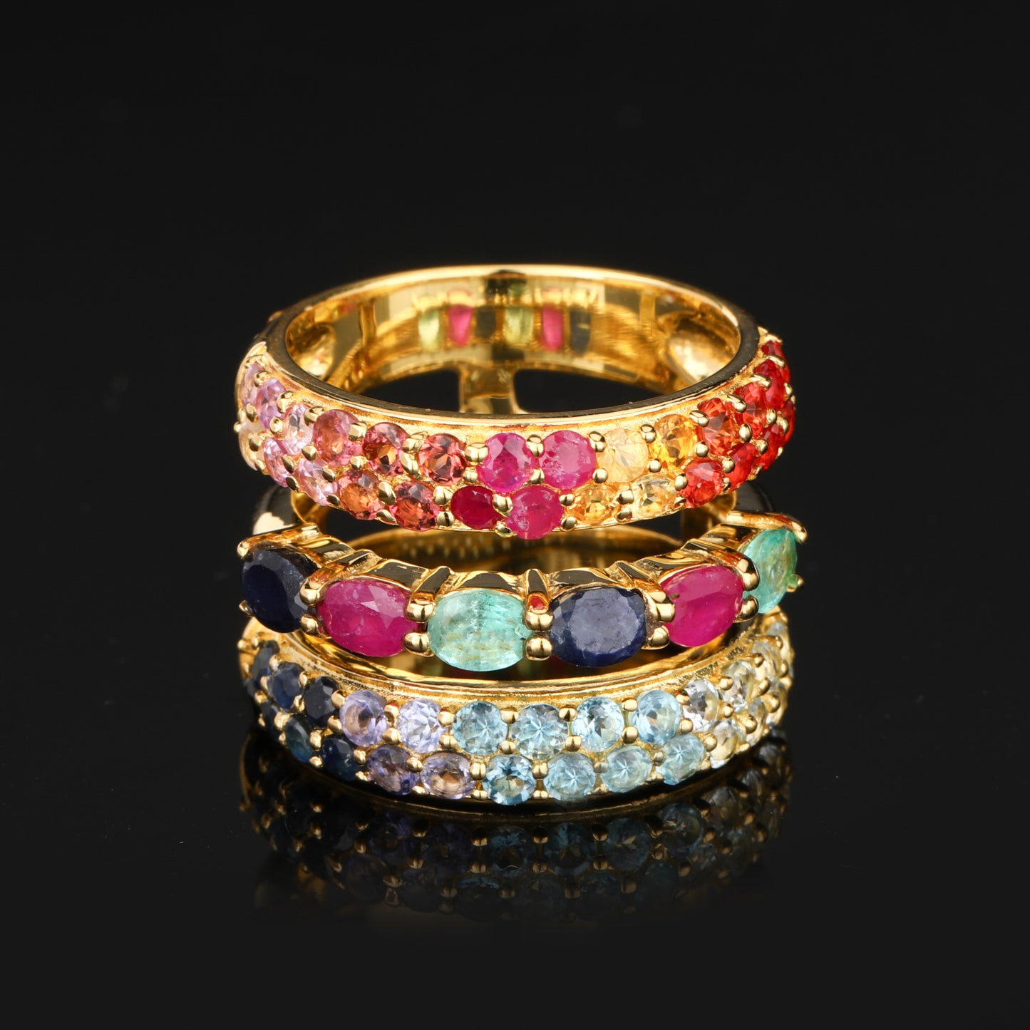 Natural Mixed Gemstones Ring 3.23 Carats Gold Plated Silver