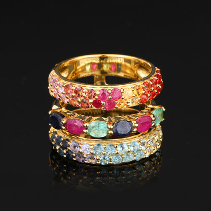 Natural Mixed Gemstones Ring 3.23 Carats Gold Plated Silver