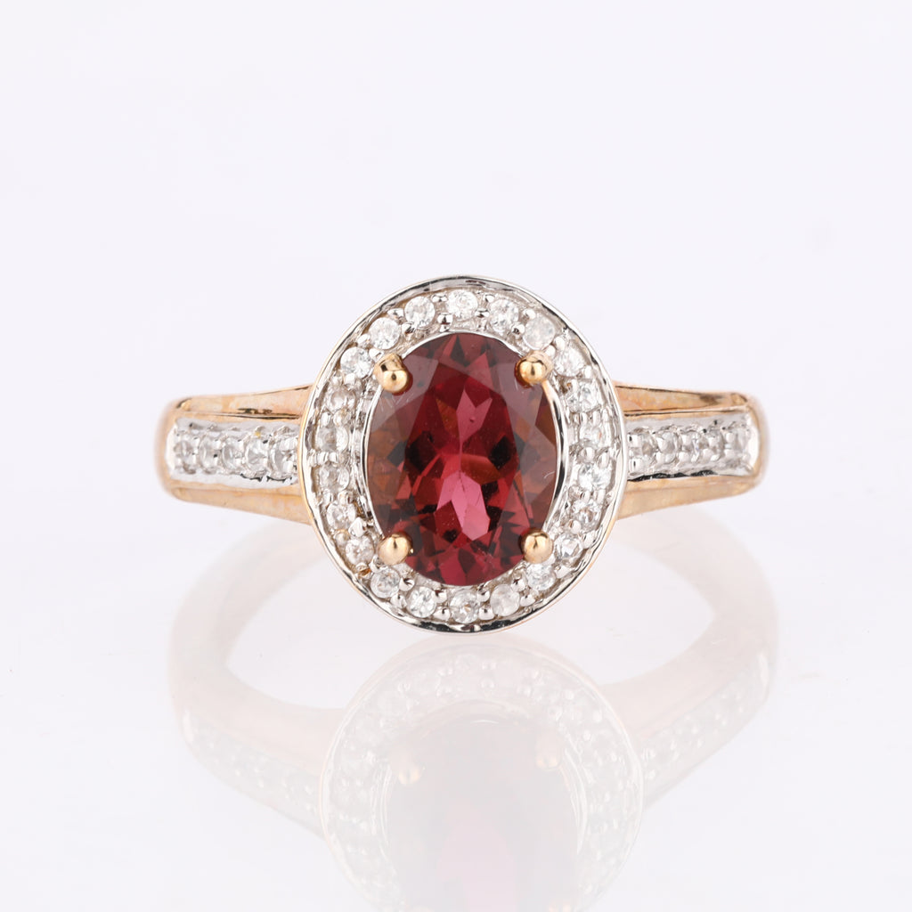 Natural Pink Tourmaline Ring With White Zircon 1.38 Carats 9K Yellow Gold