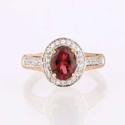 Natural Pink Tourmaline Ring With White Zircon 1.38 Carats 9K Yellow Gold