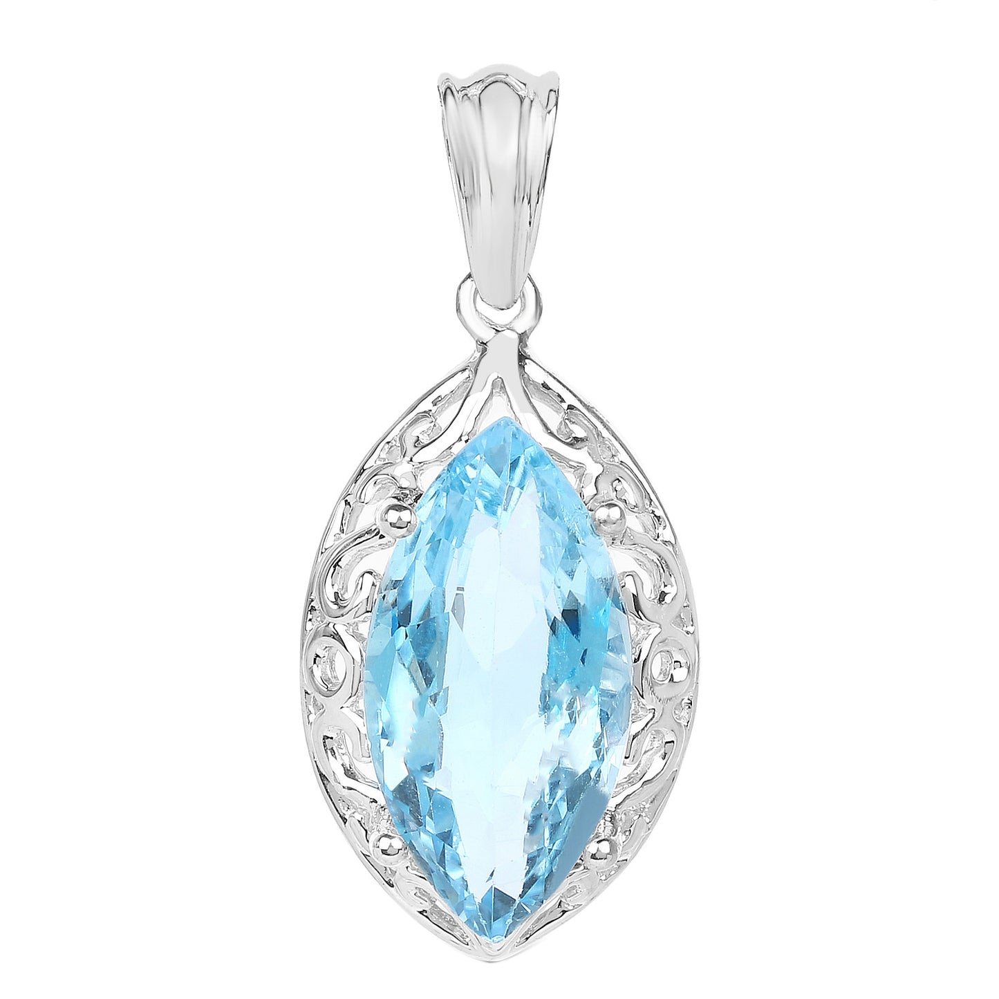 Swiss Blue Topaz Marquise Pendant Necklace 8.2 Carats Sterling Silver