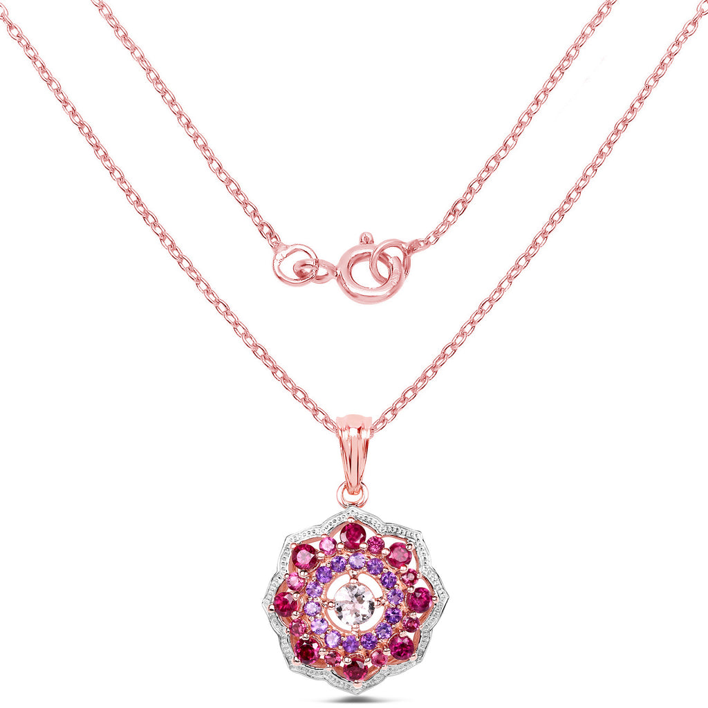 Morganite Pendant With Rhodolite Garnet 2.24 Carats Gold Plated Silver