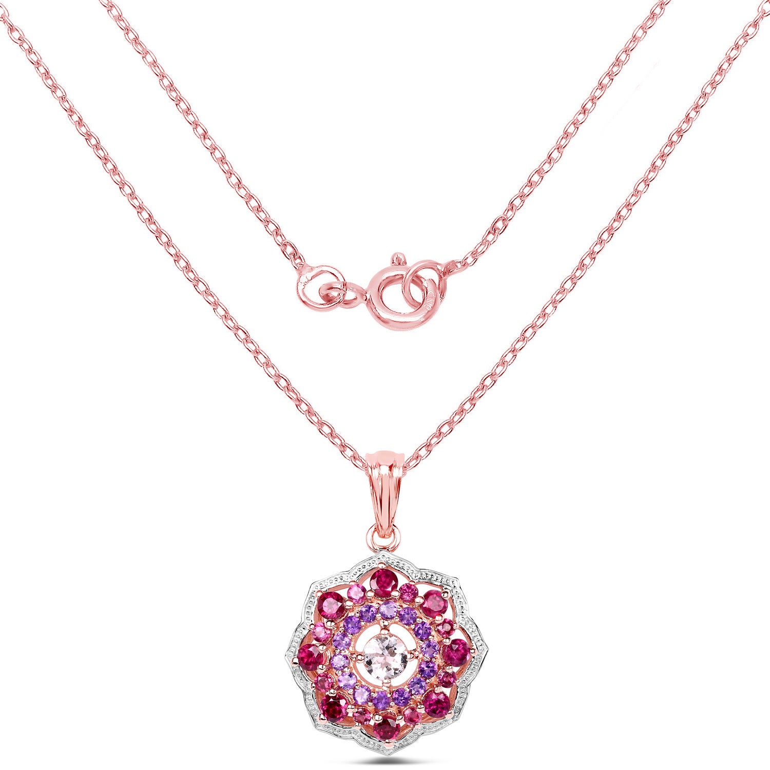 Morganite Pendant With Rhodolite Garnet 2.24 Carats Gold Plated Silver