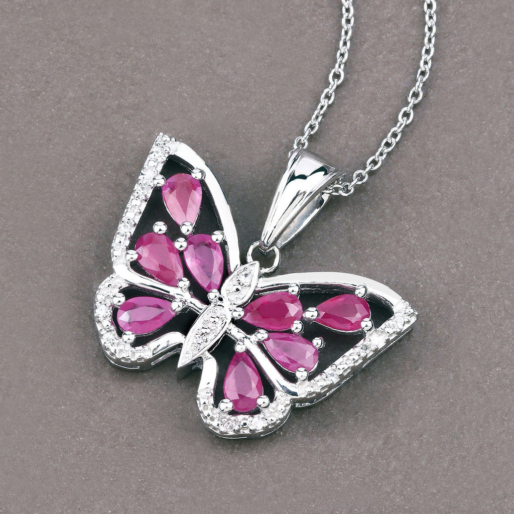 Ruby Butterfly Pendant With White Zircon 2.03 Carats Sterling Silver