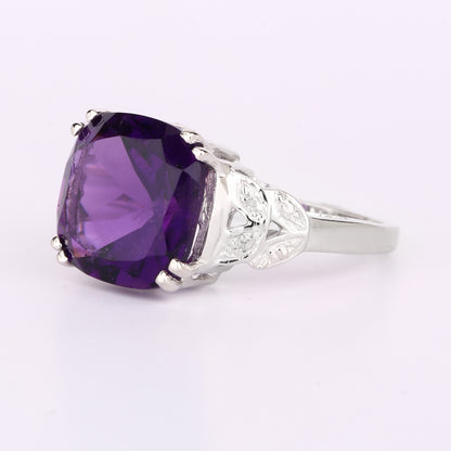 African Amethyst Ring With Diamonds 5.87 Carats Sterling Silver