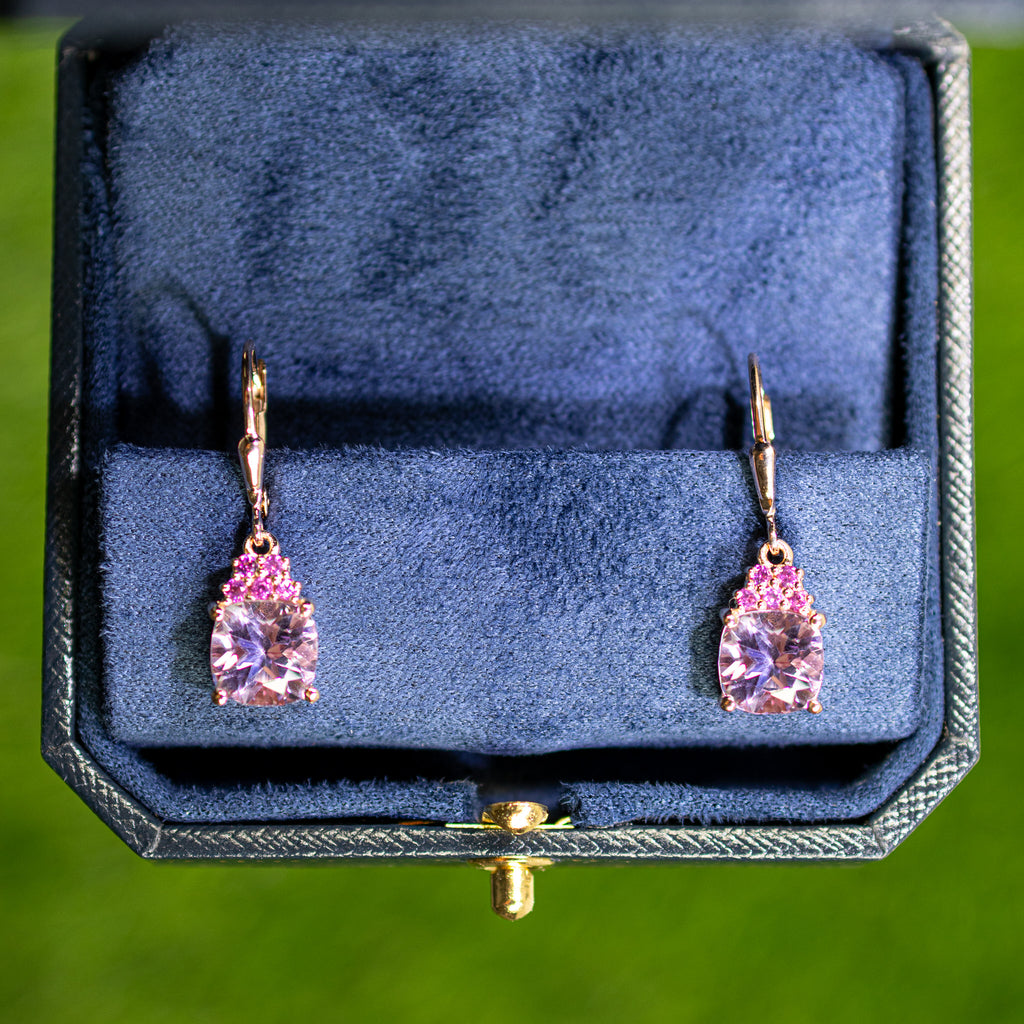 Pink Amethyst Dangle Earrings With Rhodolites 4.90 Carats Rose Gold Plated