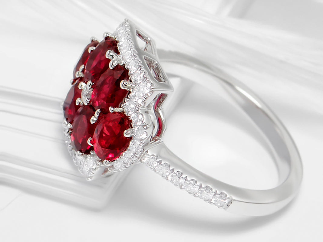 Ruby Flower Ring With Diamonds 2.33 Carats 18K White Gold