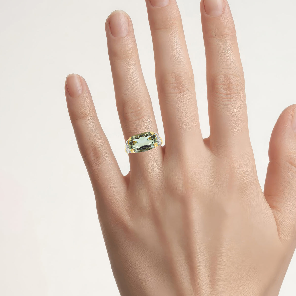 Green Amethyst Ring With White Topaz 6.76 Carats Gold Plated Silver