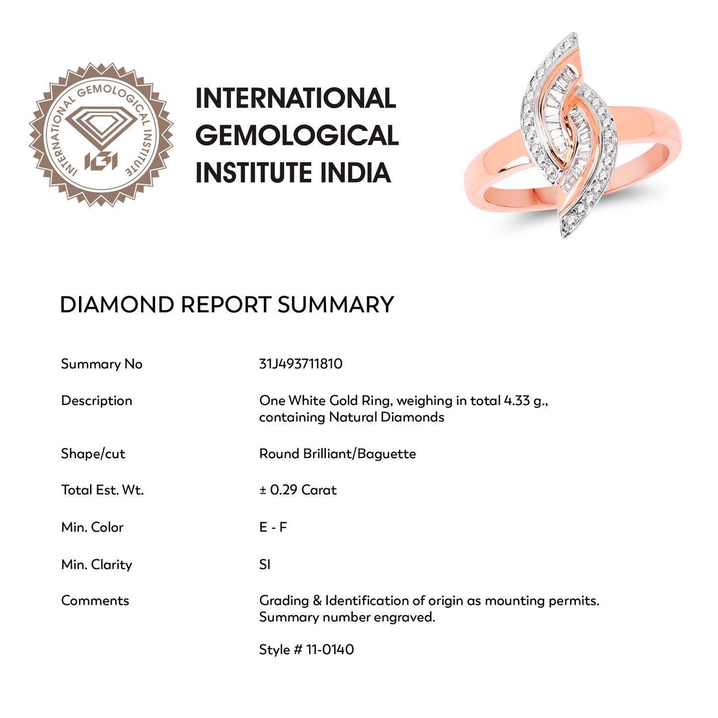 IGI Certified Diamond Ring  0.29 Carats 14K Rose Gold