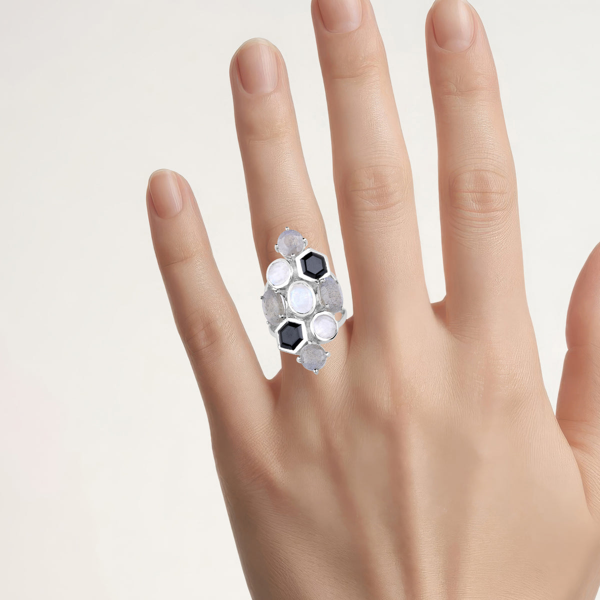 White Rainbow Moonstone Ring Labradorite 10.2 Carats Sterling Silver