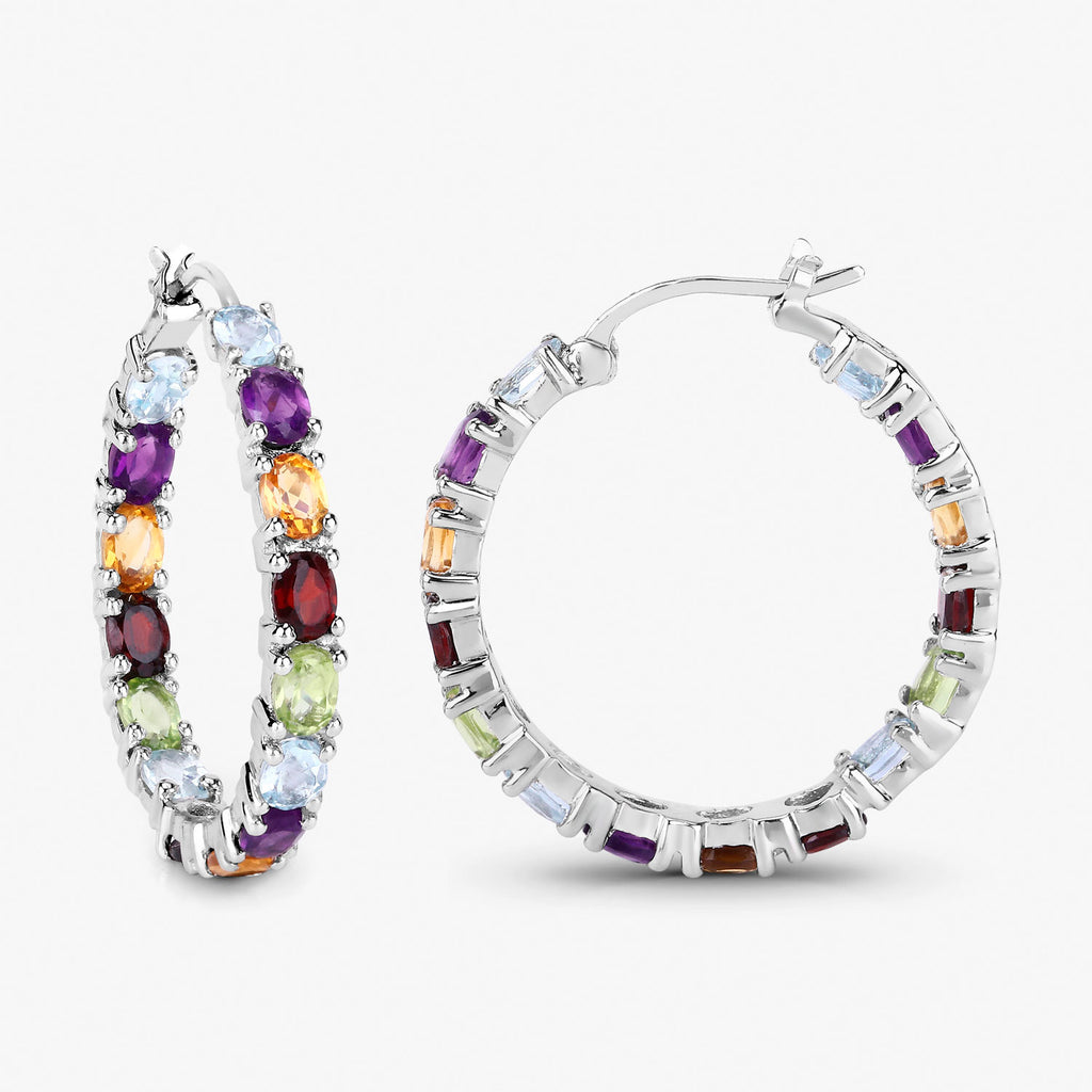 Natural Mixed Gemstones Hoop Earrings 5.34 Carats Sterling Silver