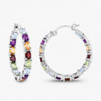 Natural Mixed Gemstones Hoop Earrings 5.34 Carats Sterling Silver