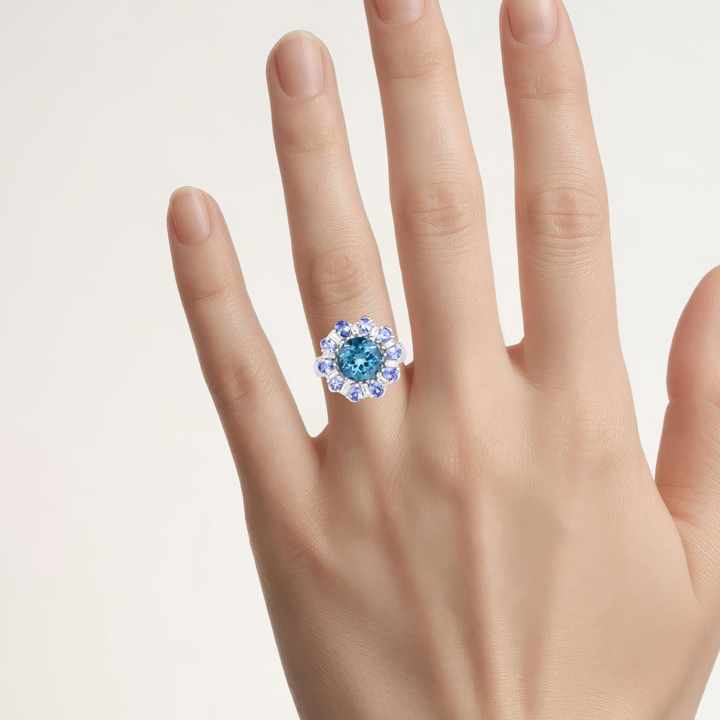 London Blue Topaz Ring With Tanzanite 6.12 Carats Sterling Silver