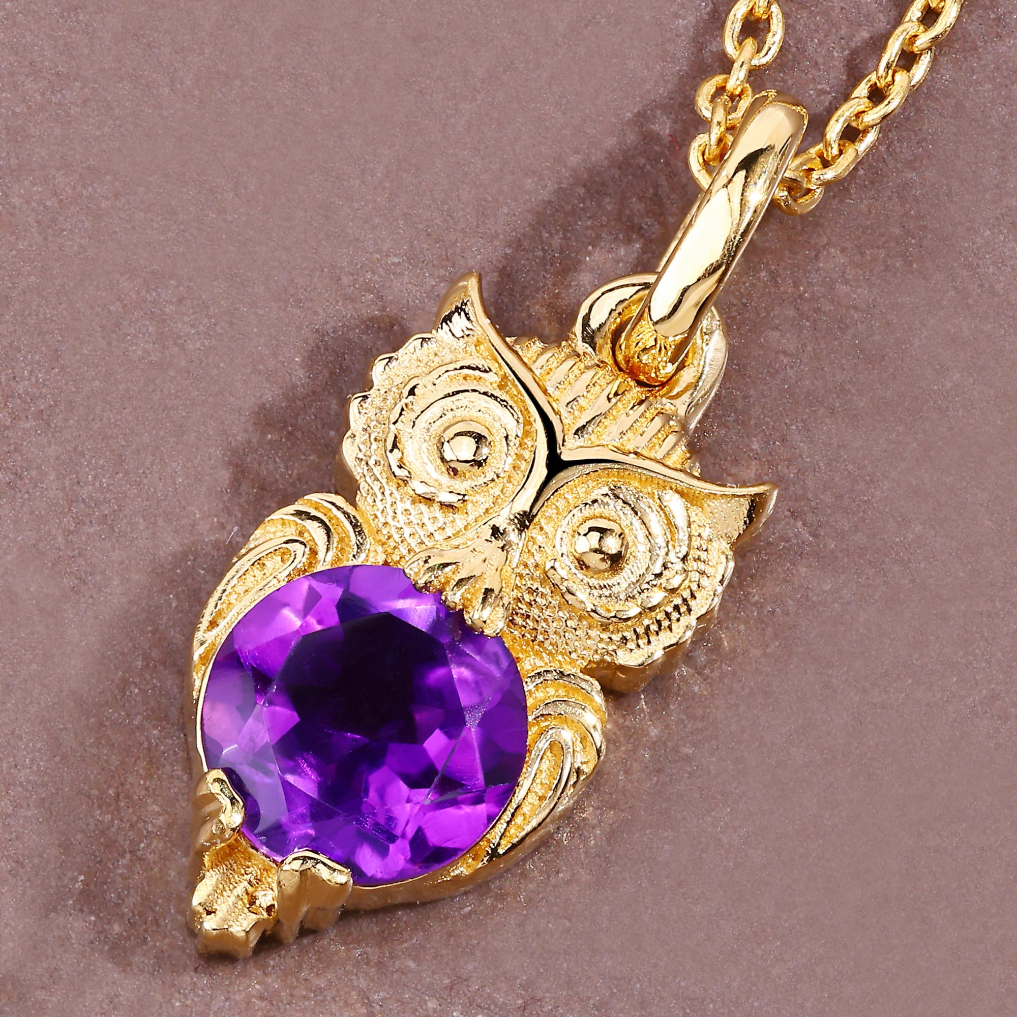 Amethyst Owl Pendant 0.72 Carats Gold Plated Silver