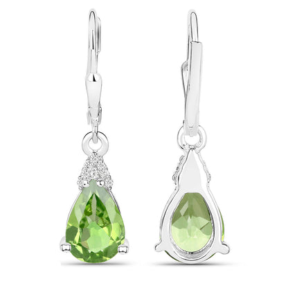 Peridot Dangle Earrings White Zircon 2.80 Carats 18K White Gold Plated Silver