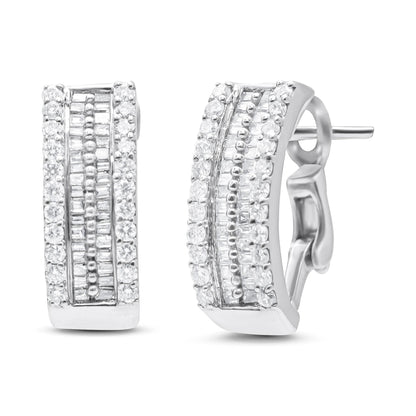 Diamond Hoop Earrings Baguette and Round Cut 1.5 Carats 14K White Gold