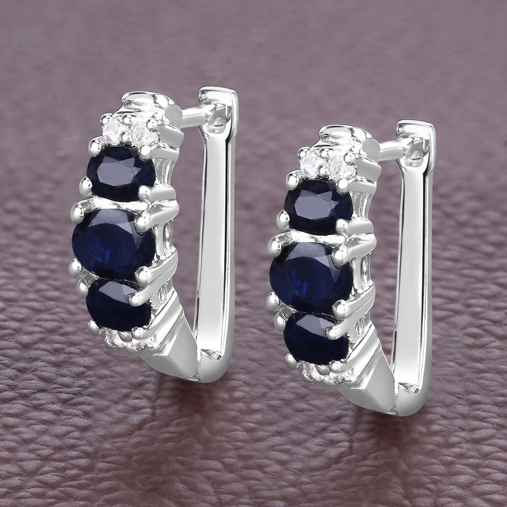 Blue Sapphire Earrings With White Topaz 1.6 Carats Sterling Silver