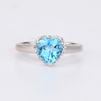Swiss Blue Topaz Heart Ring With Diamonds 2.15 Carats 9K White Gold