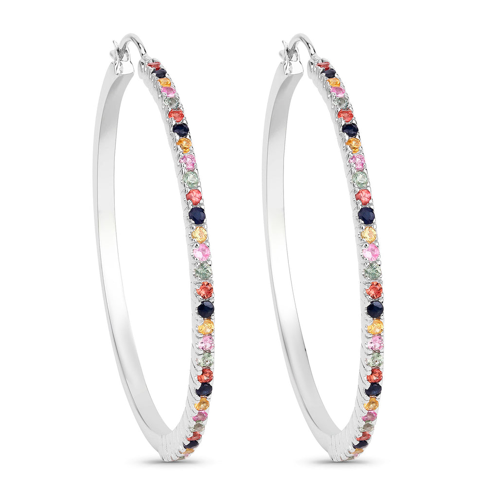 Natural Multicolor Sapphire Hoop Earrings 2.16 Carats Sterling Silver