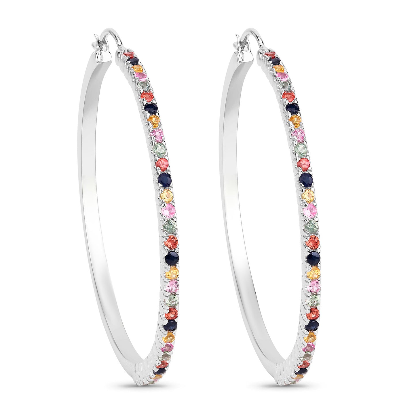 Natural Multicolor Sapphire Hoop Earrings 2.16 Carats Sterling Silver