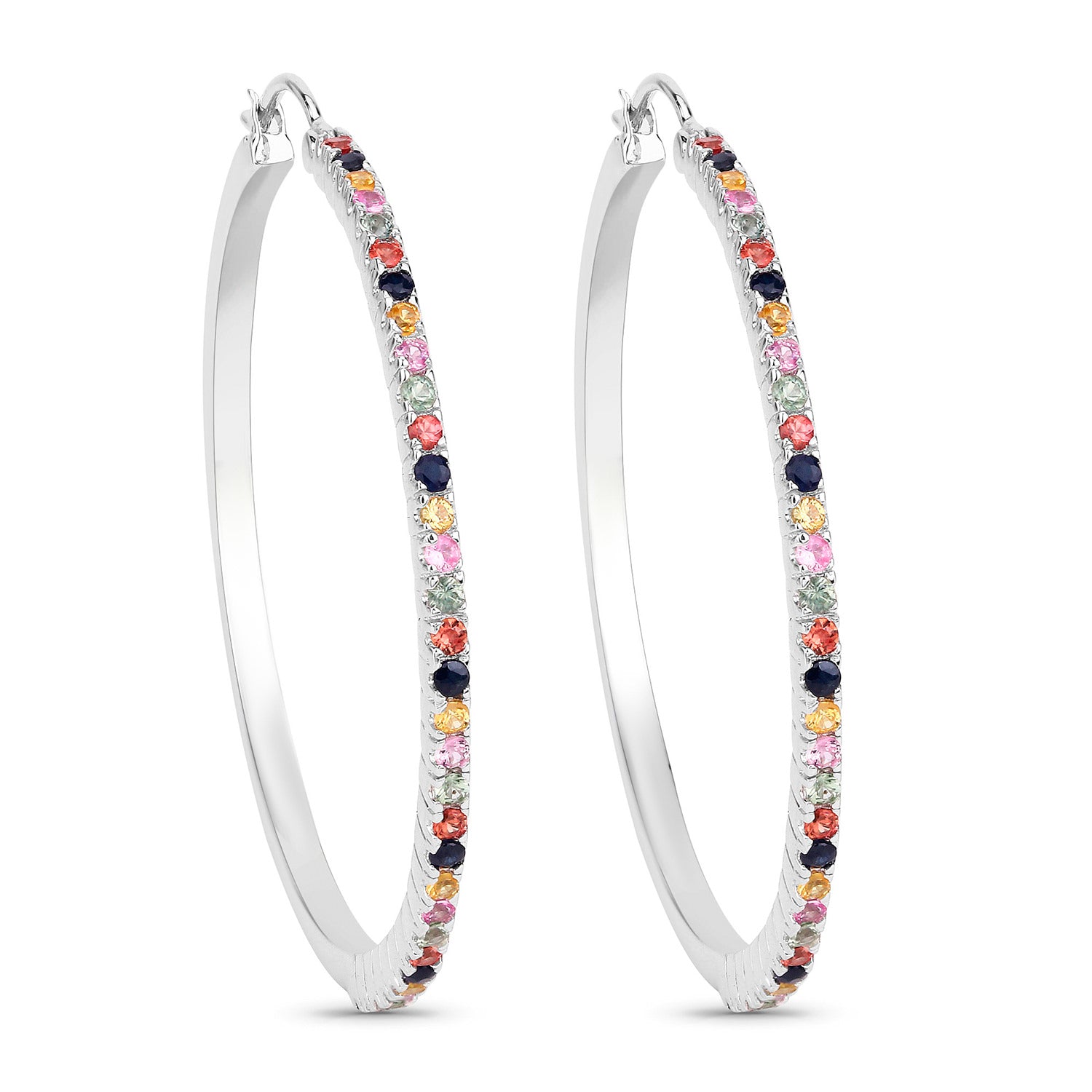 Natural Multicolor Sapphire Hoop Earrings 2.16 Carats Sterling Silver
