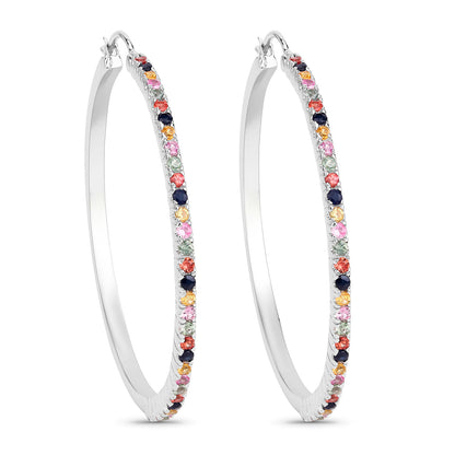 Natural Multicolor Sapphire Hoop Earrings 2.16 Carats Sterling Silver