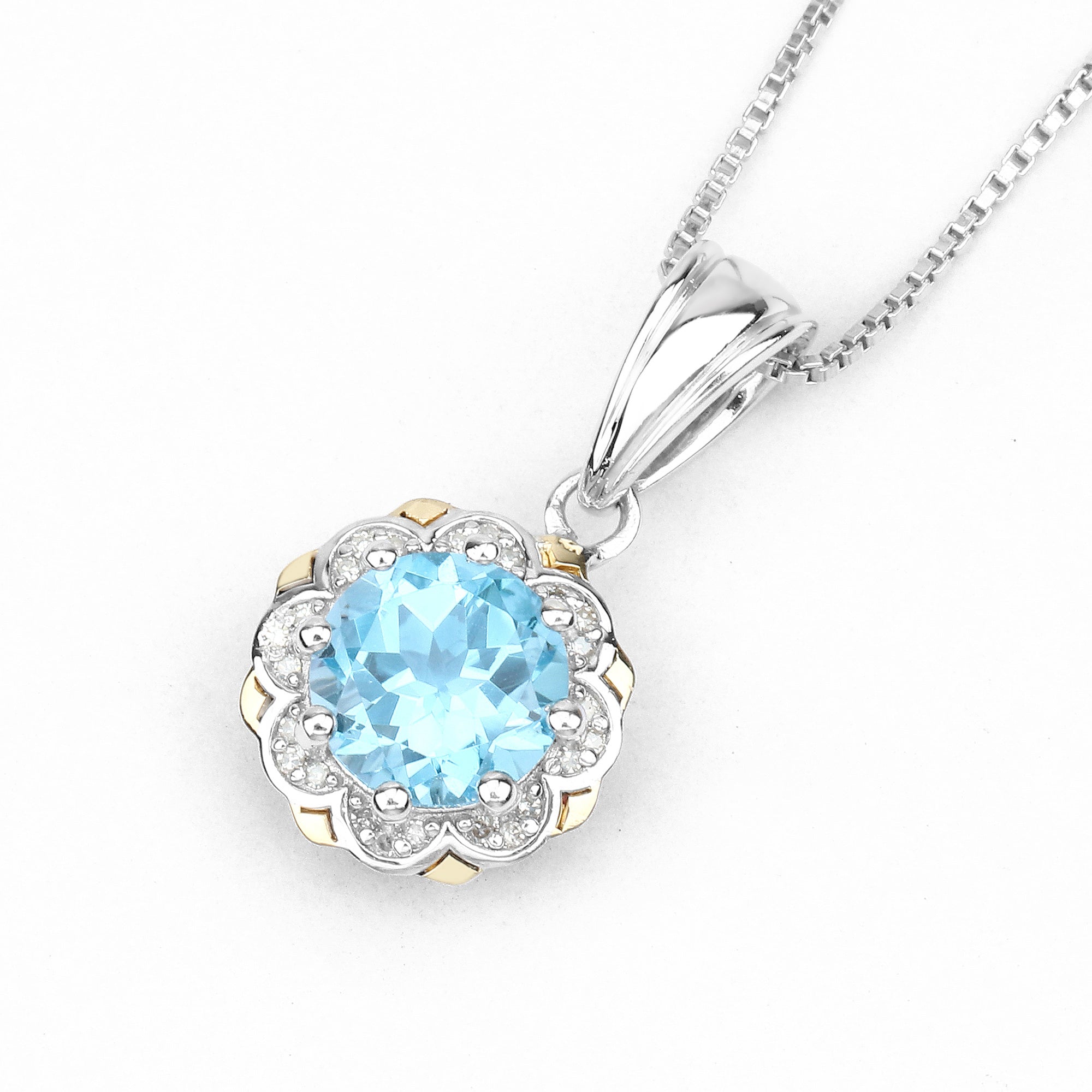 Swiss Blue Topaz Pendant With Diamonds 2.3 Carats 14K Gold and Sterling Silver