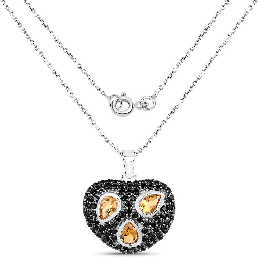 Citrine Heart Pendant With Black Spinel 3.16 Carats Sterling Silver
