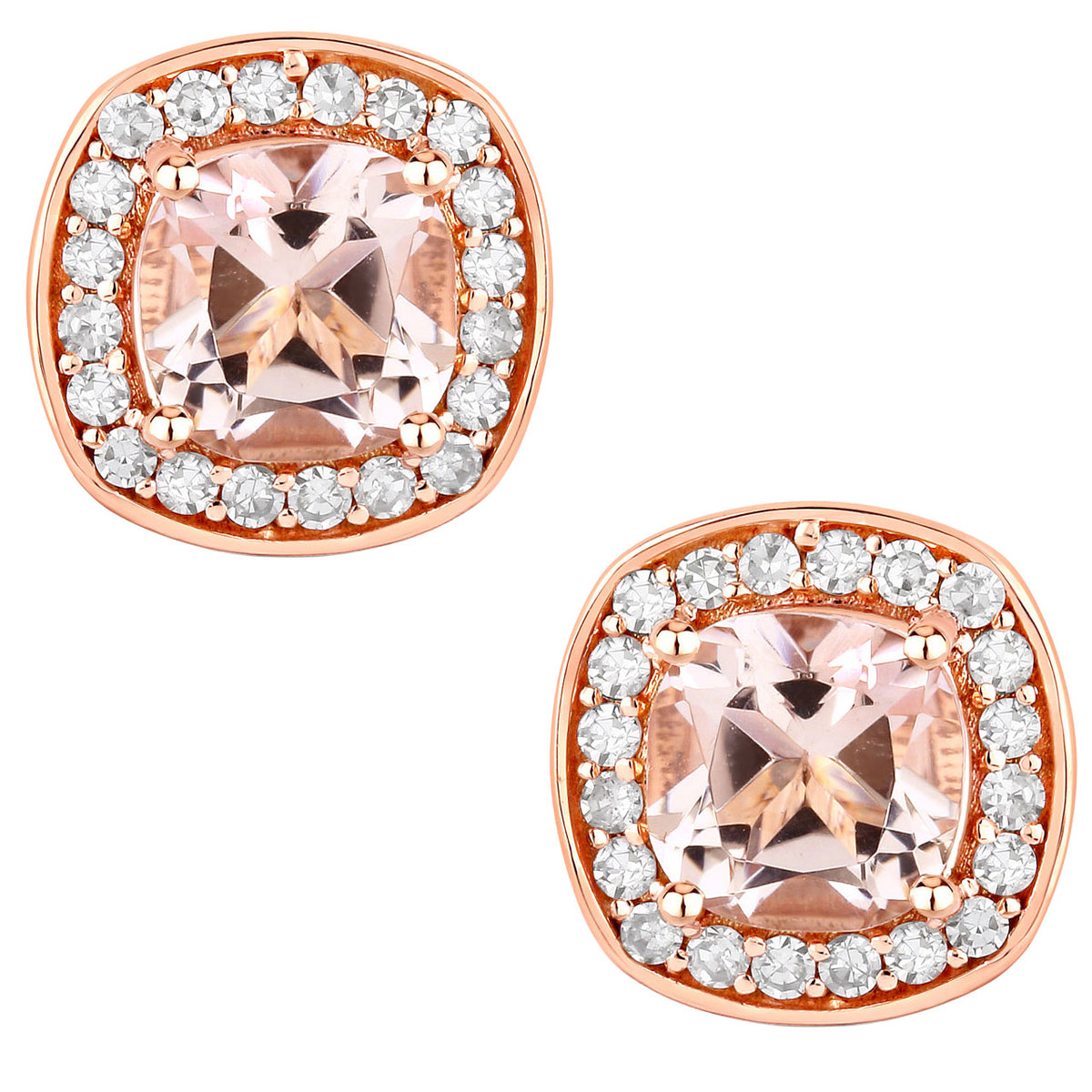 Morganite Stud Earrings With Diamonds 1.64 Carats 14K Rose Gold