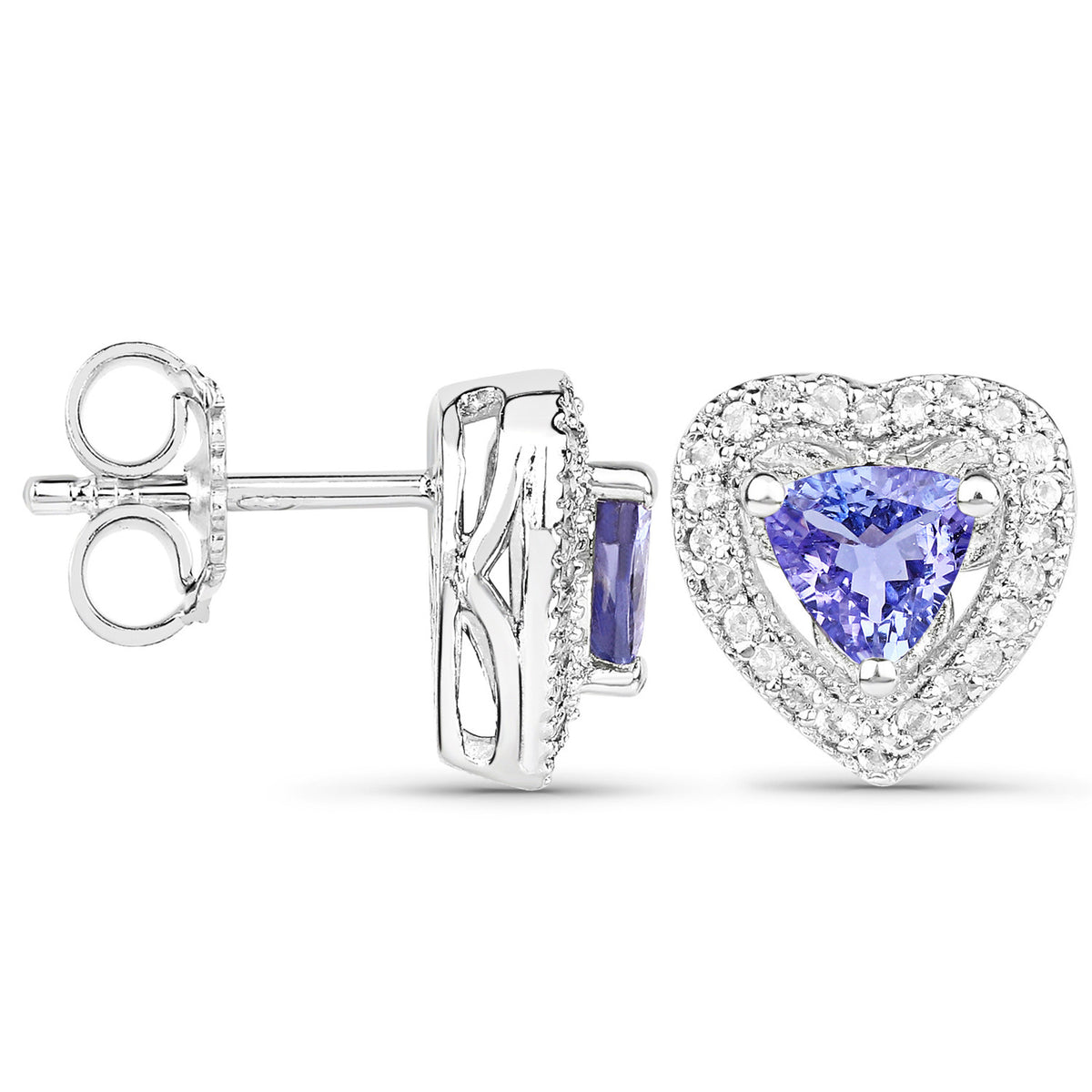 Tanzanite Heart Stud Earrings With White Topaz 1.14 Carats Sterling Silver