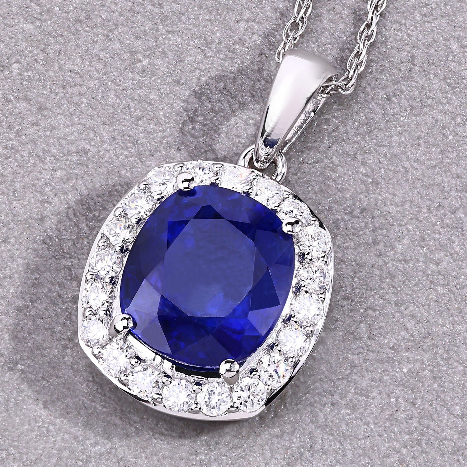 Blue Sapphire Pendant With Diamonds 2.96 Carats 18K White Gold