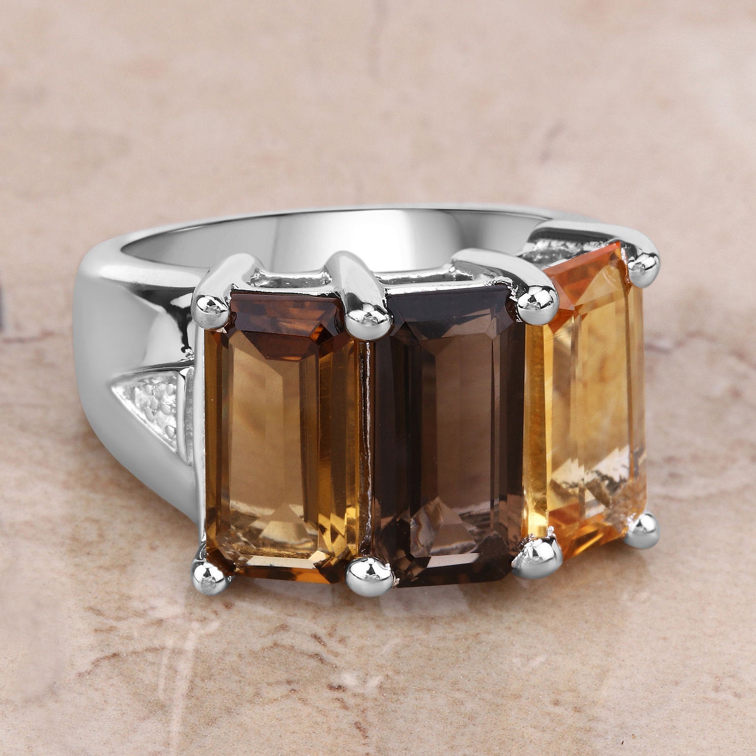 Smoky Quartz Ring With Citrine 8.1 Carats Sterling Silver