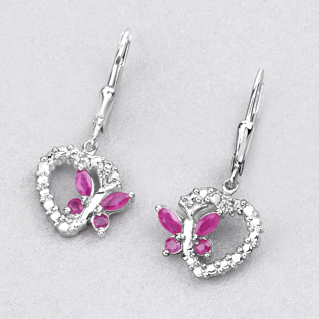 Ruby Butterfly Earrings With White Sapphire 0.52 Carats Sterling Silver