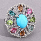 Turquoise Ring With Multicolor Tourmaline 6.1 Carats Sterling Silver