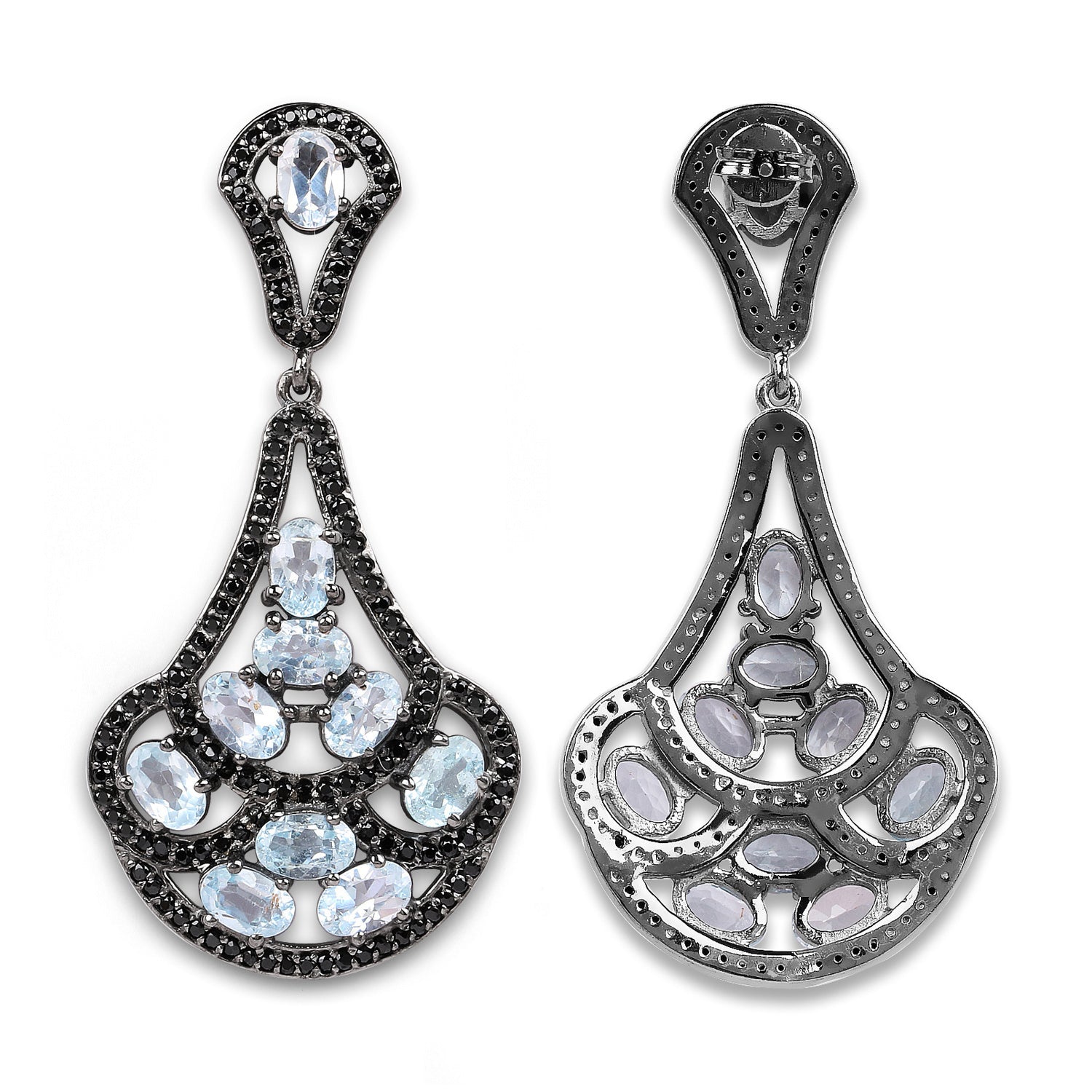 Blue Topaz Dangle Earrings Black Spinel 12.1 Carats Sterling Silver